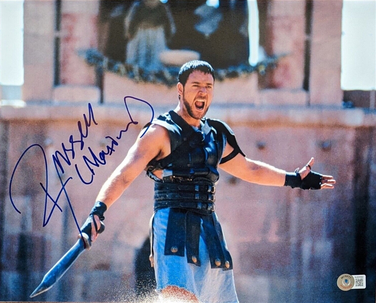 Russell Crowe In-Person Signed 11" x 14" Color Photo from "Gladiator" with ULTRA RARE "Maximus" Inscription (Beckett/BAS)