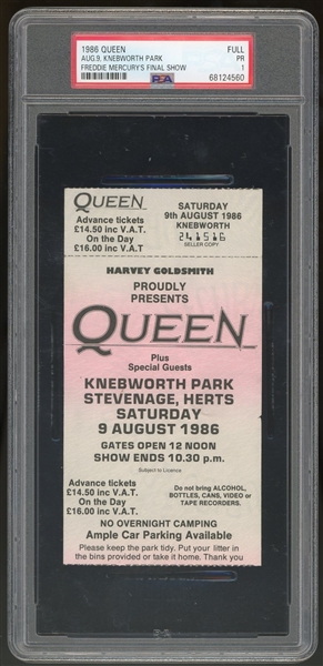 Freddie Mercurys Final Performance :: 1986 Queen @ Knebworth Park Concert Ticket (PSA/DNA Encapsulated)