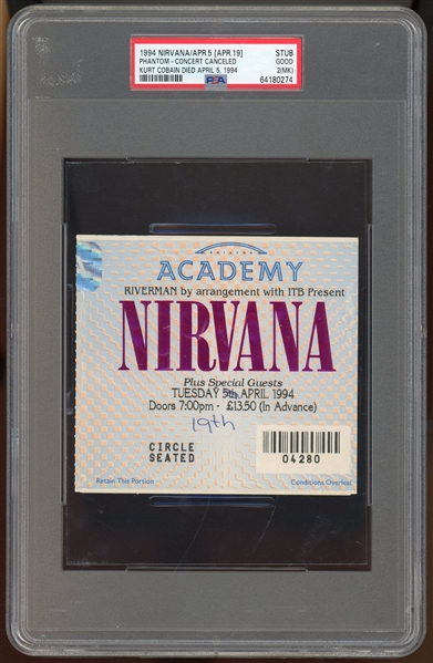 Nirvana April 5th, 1994 Canceled Concert Ticket :: Day of Kurts Passing (PSA/DNA Encapsulated)