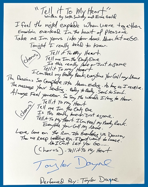 Taylor Dayne RARE Handwritten & Signed Lyrics to "Tell It To My Heart" (Third Party Guarantee)