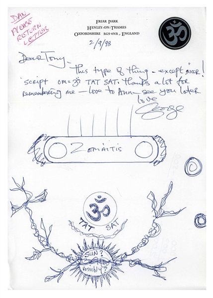 George Harrison 1989 Hand-Drawn Guitar Design And Handwritten Letter Sent To Luthier Tony Zemaitis (UK) (Tracks COA) 