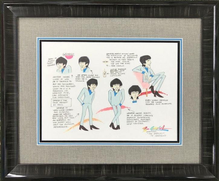 Beatles: Ron Campbell Original Gauche Drawing Story Board “Saturday Morning Cartoons” w/ George Harrison Framed (Third Party Guaranteed) 