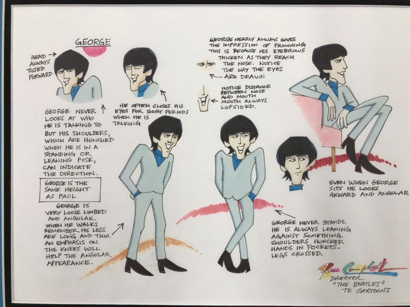 Beatles: Ron Campbell Original Gauche Drawing Story Board “Saturday Morning Cartoons” w/ George Harrison Framed (Third Party Guaranteed) 