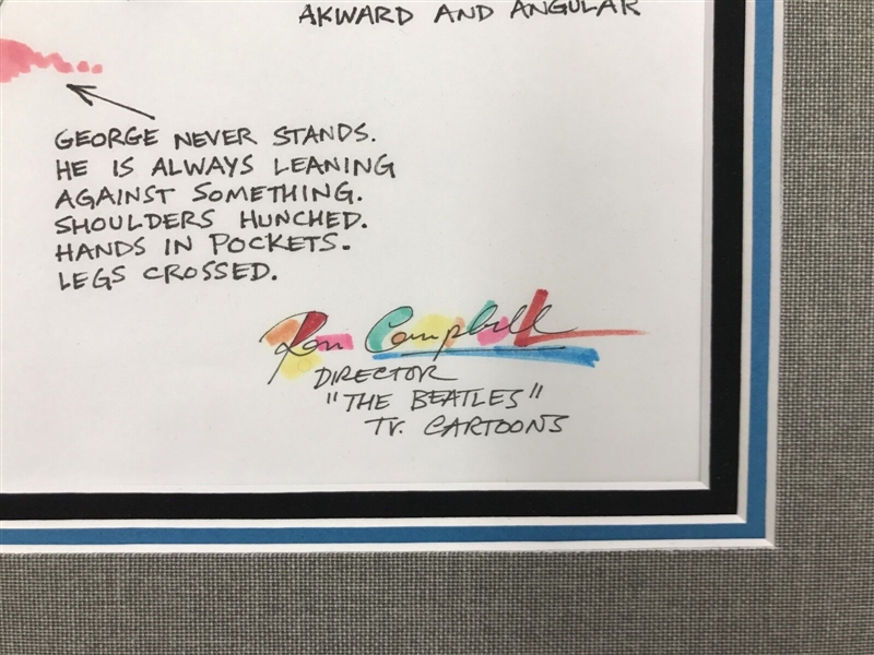 Beatles: Ron Campbell Original Gauche Drawing Story Board “Saturday Morning Cartoons” w/ George Harrison Framed (Third Party Guaranteed) 