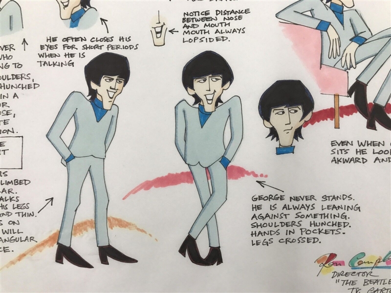 Beatles: Ron Campbell Original Gauche Drawing Story Board “Saturday Morning Cartoons” w/ George Harrison Framed (Third Party Guaranteed) 