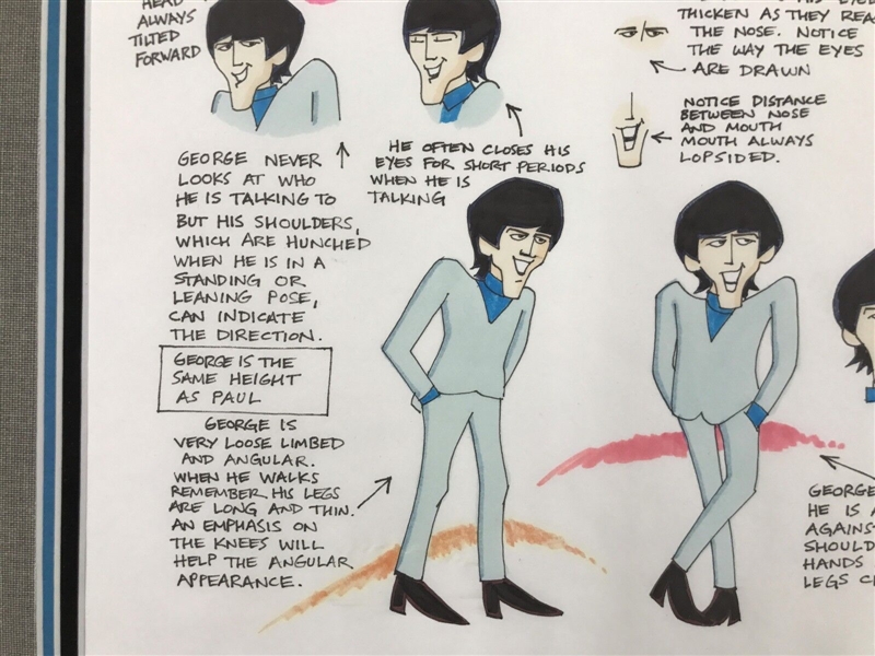 Beatles: Ron Campbell Original Gauche Drawing Story Board “Saturday Morning Cartoons” w/ George Harrison Framed (Third Party Guaranteed) 