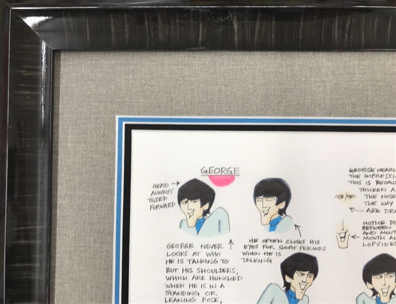 Beatles: Ron Campbell Original Gauche Drawing Story Board “Saturday Morning Cartoons” w/ George Harrison Framed (Third Party Guaranteed) 