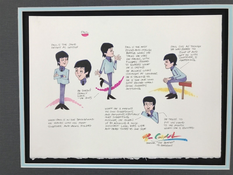 The Beatles: Ron Campbell Original Gauche Drawing Model Sheet Story Board “Saturday Morning Cartoons” Featuring Paul McCartney Framed (Third Party Guaranteed) 
