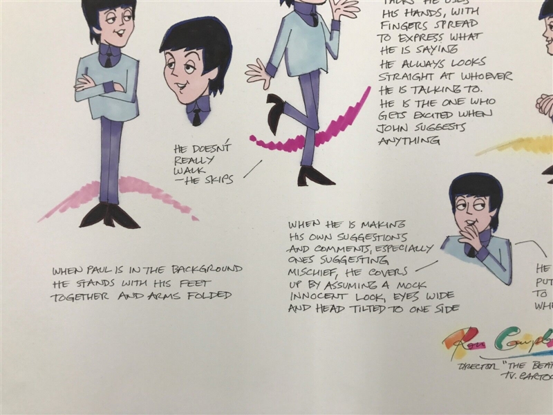 The Beatles: Ron Campbell Original Gauche Drawing Model Sheet Story Board “Saturday Morning Cartoons” Featuring Paul McCartney Framed (Third Party Guaranteed) 