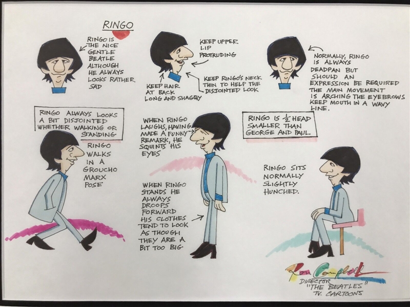 The Beatles: Ron Campbell Original Gauche Drawing Model Sheet Story Board “Saturday Morning Cartoons” Featuring Ringo Starr Framed (Third Party Guaranteed) 