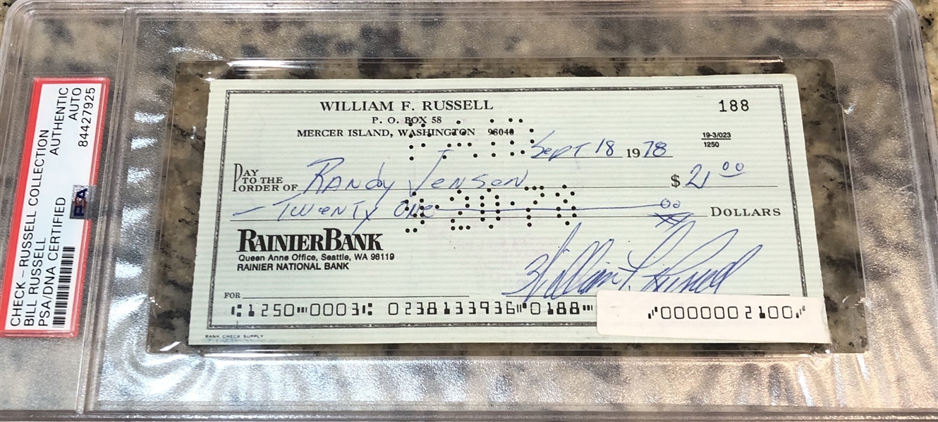 Bill Russell Signed Personal Check (PSA Encapsulated, Russell Collection)  