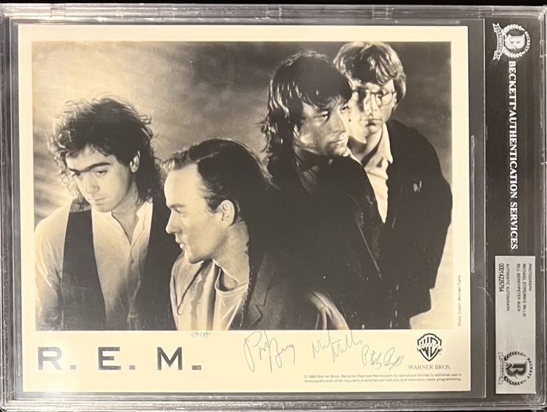 R.E.M. Rare Early Group Signed 8" x 10" Warner Bros Publicity Photo (4 Sigs)(Beckett/BAS Encapsulation)