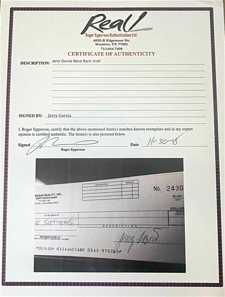 Jerry Garcia Signed Check (Roger Epperson/REAL Authentication) 