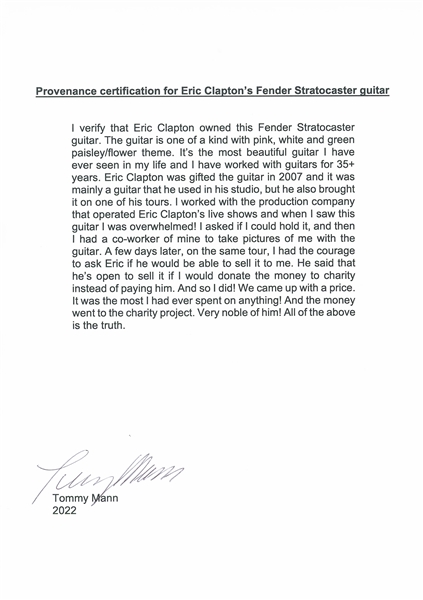 Eric Clapton’s Personally Owned & Played Fender Stratocaster Guitar (Provenance From Tour Crew Member) 