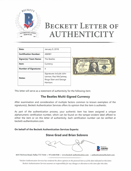 Beatles ULTRA-RARE Fully Group Signed Circa 1964–65 US Dollar Bill (4 Sigs) (Beckett/BAS Authentication) 