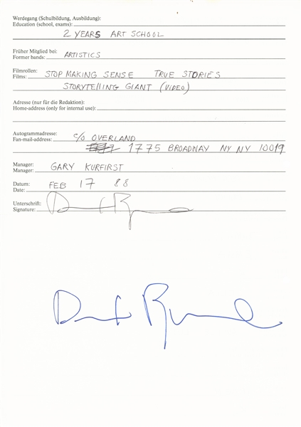 Talking Heads: David Byrne Twice-Signed & Handwritten “BRAVO” Magazine Lifelines “Q&A” Form (Third Party Guaranteed) 