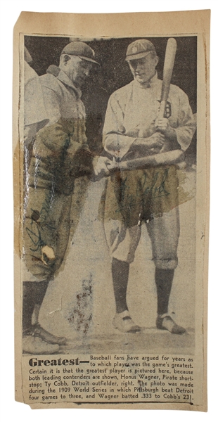 Baseball Immortals: Ty Cobb & Honus Wagner Dual Signed 4.5" x 9" Newspaper Photograph (JSA LOA)