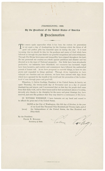 President Calvin Coolidge Signed 1928 Thanksgiving Official Presidential Proclamation (JSA)