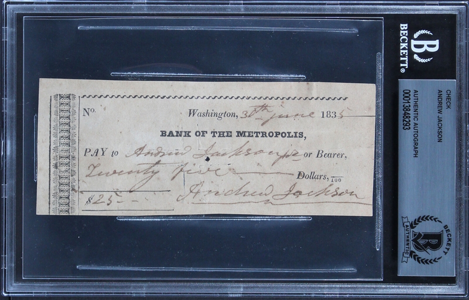 President Andrew Jackson Handwritten & Signed Bank Check - Payable to Son, Andrew Jackson Jr. (Beckett/BAS Encapsulated)