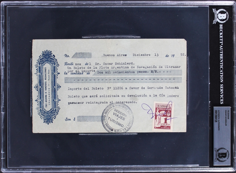 Schnidlers List: Oskar Schindler RARE Signed Argentinian Wire Transfer Document (Beckett/BAS Encapsulated)