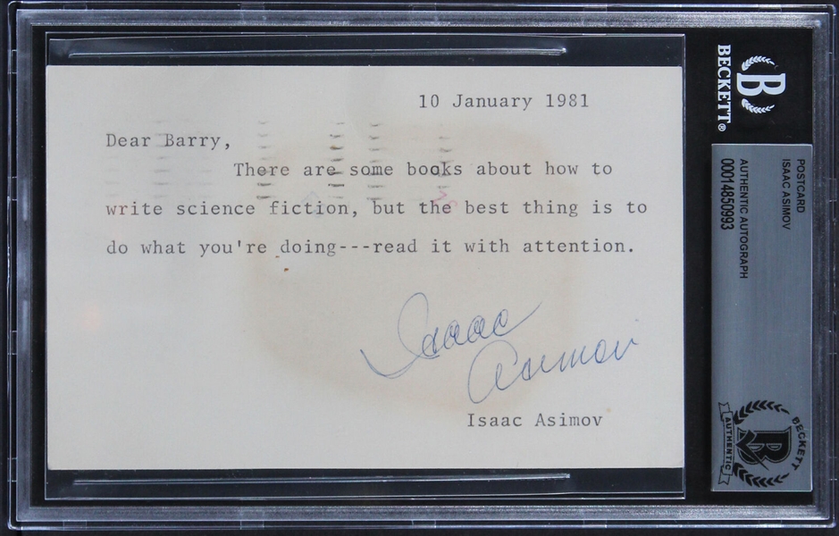 Foundation Author Isaac Asimov Signed Note on 3.5" x 5.5" Note Card (Beckett/BAS Encapsulated)