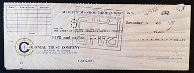 Marilyn Monroe Signed 3" x 8.5" 1960 Bank Check (JSA LOA)