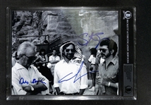 Indiana Jones: George Lucas, Steven Spielberg and Douglas Slocombe Signed 8" x 10" Photo from ROTLA Set with GEM MINT 10 Autographs! (Beckett/BAS Encapsulated)(Grad Collection)