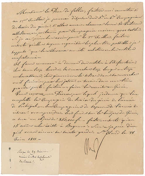Napoleon Signed Letter to Minister of War for Supplies to Portugal & Army Reserve (Beckett/BAS LOA)