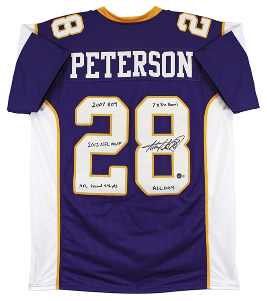 Adrian Peterson Signed Vikings Style Jersey with Handwritten Career Stats (Beckett/BAS Witnessed)
