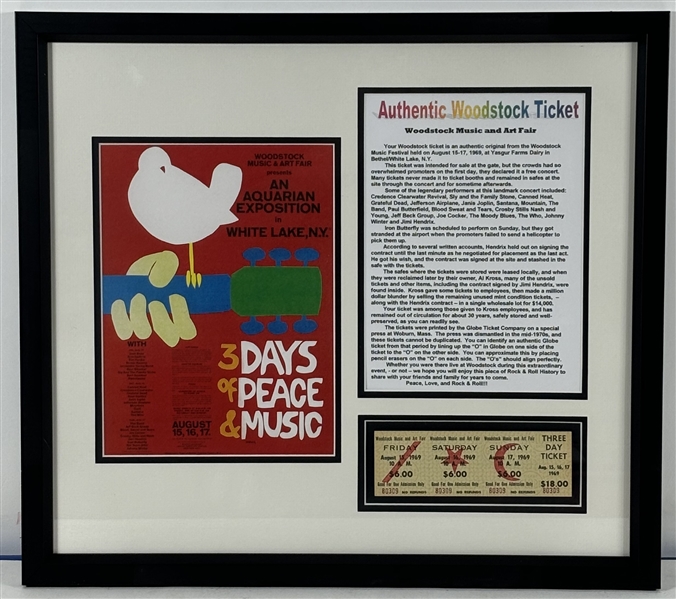 Original 1969 Woodstock Three Day Ticket in Commemorative Framed Display 