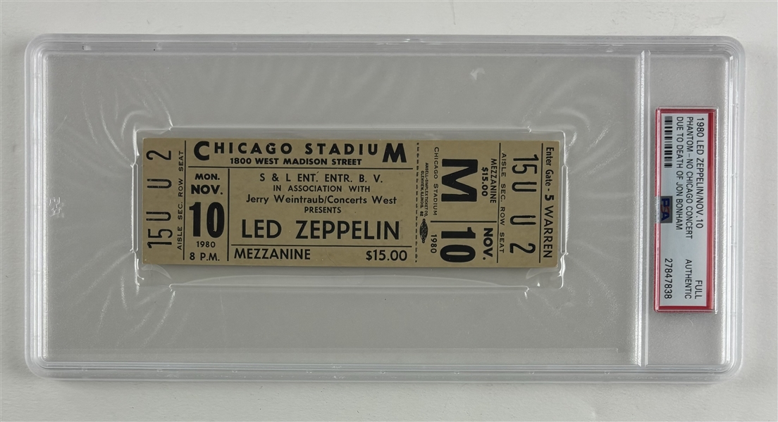 Led Zeppelin "Phantom" Concert Ticket - Nov 10, 1980 @ Chicago Stadium - Cancelled Due to Death of John Bonham (PSA/DNA Encapsulated)