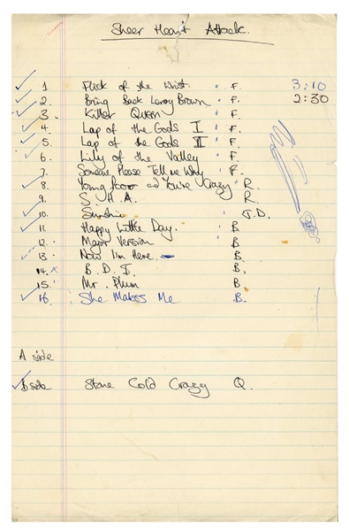Queen John Deacon Handwritten 1974 Sheer Heart Attack Working Track List (UK).(Tracks UK LOA)