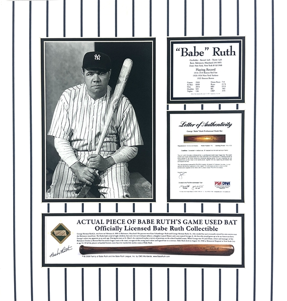 Babe Ruth Game Used Bat Relic in Custom Matted Yankees Display (PSA/DNA)