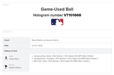 Jeremy Pena Game Used & Signed OML Baseball :: Used 6-12-2022 SEA vs. HOU :: Ball Pitched to Pena :: Pena HR Game :: WS MVP Year (PSA/DNA & MLB Hologram)