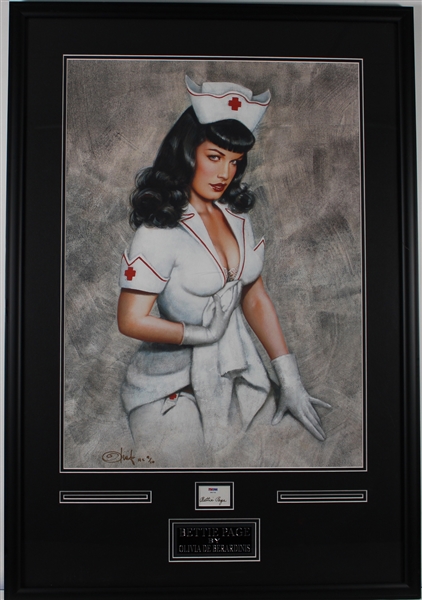 Bettie Page Display with Signed Olivia Giclee Artwork & Signed Segment in Framed Display (PSA/DNA Sticker)