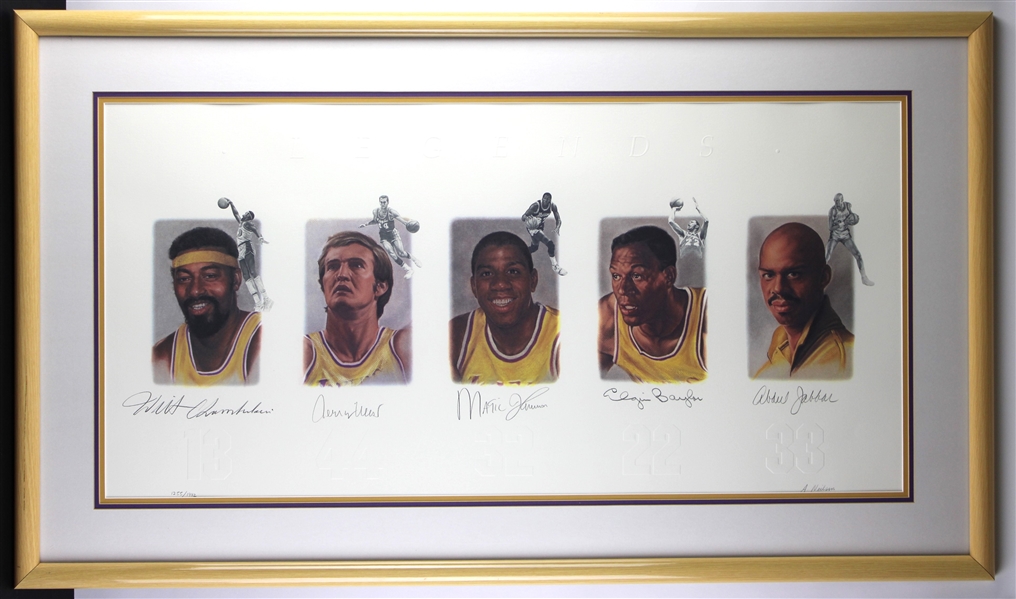 LA Lakers Basketball Greats: Chamberlain, Johnson, Jabbar, West & Baylor Multi-Signed Ltd. Ed. Lithograph (Third Party Guaranteed)