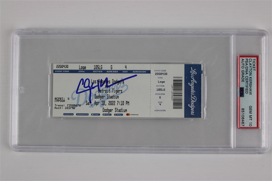 Clayton Kershaw Signed Signed Dodgers Ticket for 4-30-2022 Game vs Tigers - Kershaw Becomes Dodgers All-Time Strikeout Leader! Gem Mint 10 Auto! (PSA/DNA Encapsulated)