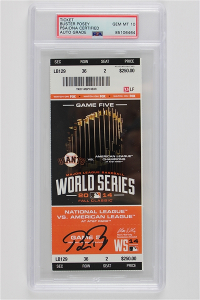 Buster Posey Signed San Francisco Giants 2014 Game 5 WS Ticket w/ Gem Mint 10 Auto! (PSA/DNA)