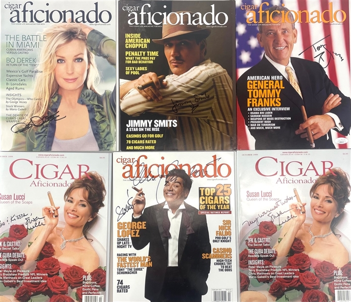 Lot of 6 "Cigar Aficionado" Magazines, including Bo Derek, Jimmy Smits, Tommy Franks, Susan Lucci (2), and George Lopez (Third Party Guarantee) 