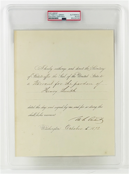 Ulysses S. Grant Signed 1872 Presidential Pardon Document for Man Using Counterfeit Money (PSA/DNA Encapsulated)