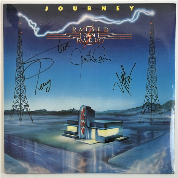 Journey: Steve Perry, Jonathan Cain & Neal Schon Signed "Raised On Radio" Album Cover (Epperson/REAL)