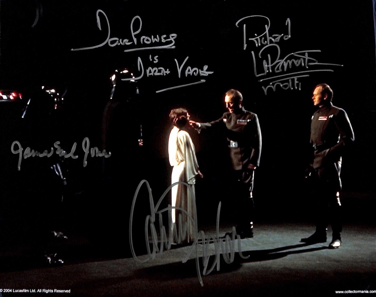 Star Wars A New Hope: Carrie Fisher, James Earl Jones, Dave Prowse & Richard LaParmentier Signed 8" x 10" Color Photo (Beckett/BAS LOA)(Grad Collection)