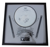 Bon Jovi 2001 Tour-Used & Group Signed Drum Head and Sticks Display (ACOA Authentication)