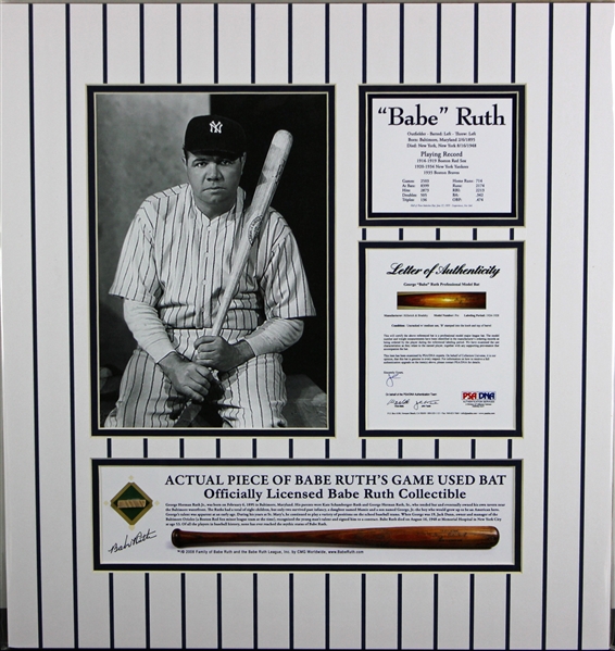 Babe Ruth 19" x 20" Custom Matted Game-Used Baseball Bat Piece Yankees Display (PSA)