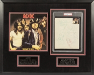 AC/DC: Original Group Fully Signed 8.5 x 11 Page in Framed Display (5 Sigs)(PSA/DNA Encapsulated)