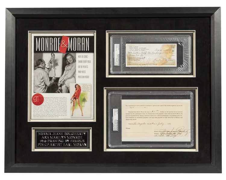 Marilyn Monroe Signed 1946 Earl Moran Modeling Release w/ Moran Signed Check - One of Her First Ever Modeling Shoots - Signed "Norma Jeane Dougherty" (PSA/DNA)