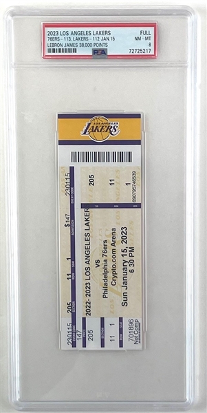 LeBron James 38,000 Points Los Angeles Lakers vs. Philadelphia 76ers - Jan. 15, 2023 -  Full Ticket - PSA NM-MT 8