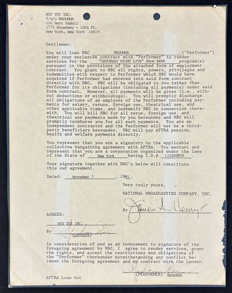Madonna Dual-Signed 1985 SNL Appearance Document w/ Rare "Madonna Penn" Autograph (JSA LOA)
