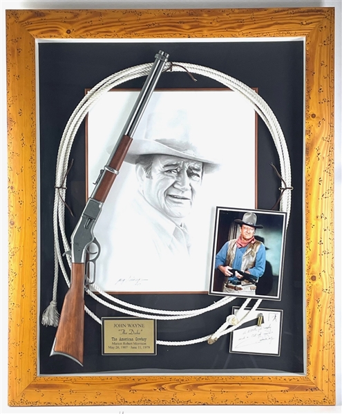 John Wayne Autographed "The Cowboy" Custom Display including an Original Gary Sanderup Signed Print and First Edition copy of the book "America: Why I Love Her" written by Wayne (PSA/DNA)