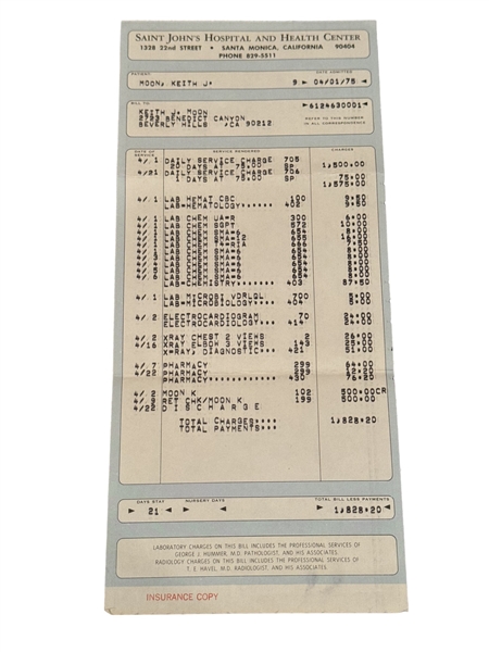 Keith Moon Insurance Copy Receipt of 21 Day Hospital Stay at St. Johns Hospital 